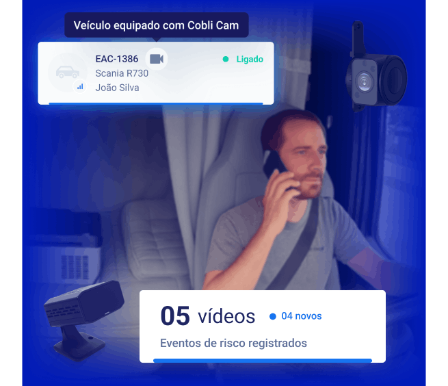 Motorista ao celular enquanto dirige, flagrado por câmera de videotelemetria Cobli Cam Cabine. Tela mostra 5 vídeos de risco registrados e veículo identificado como Scania R730, conduzido por João Silva.