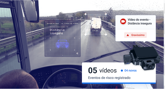 Ônibus em estrada com chuva. Sistema de videotelemetria detecta distância insegura e grava 5 vídeos de risco, incluindo um evento gravíssimo.