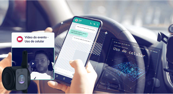 Sistema de videotelemetria flagra motorista usando o celular ao volante, com alerta visual de evento de risco e análise de dados para prevenção de acidentes