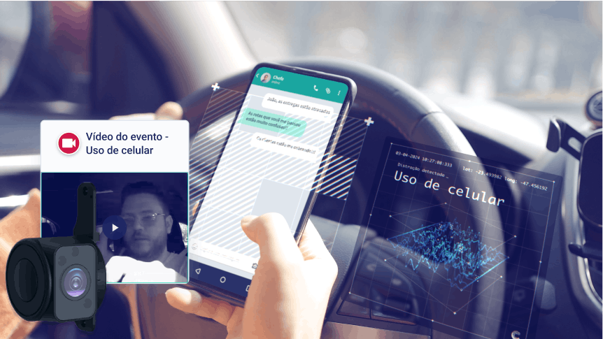 Alerta de câmera de fadiga flagra uso de celular ao volante com vídeo do evento e dados de distração para gestão de frotas
