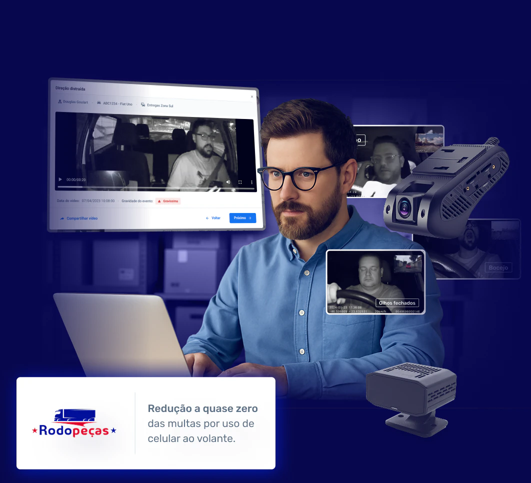 Gestor analisando vídeos de câmeras de fadiga veicular com registros de distração e sonolência ao volante, destacando redução de multas por uso de celular em frotas corporativas