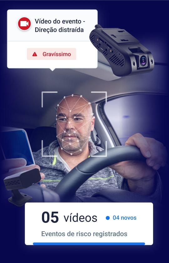 Alerta de câmera de fadiga identifica motorista usando celular ao volante com análise facial e registro de evento gravíssimo de direção distraída