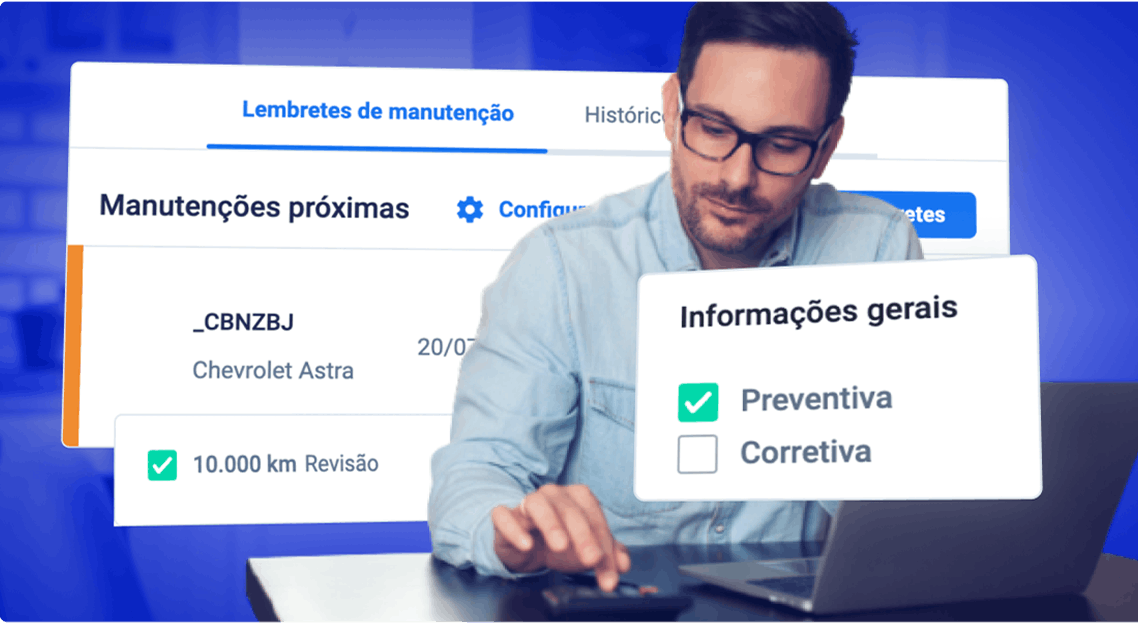 Gestor acompanhando lembretes de manutenção preventiva de veículos com sistema de alertas e controle de revisões por quilometragem na gestão de frotas