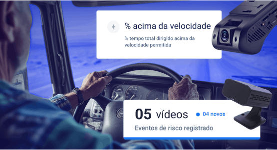 Motorista ao volante com monitoramento por câmeras veiculares, exibição de métricas de excesso de velocidade e registro de cinco vídeos de risco na gestão de frotas