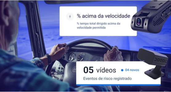 Motorista ao volante com monitoramento por câmeras veiculares, exibição de métricas de excesso de velocidade e registro de cinco vídeos de risco na gestão de frotas