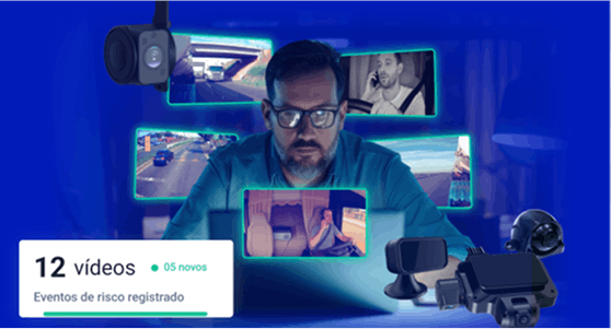 Gestor visualizando vídeos de eventos de risco captados por câmeras veiculares, com 12 registros, incluindo uso de celular e comportamento perigoso ao volante