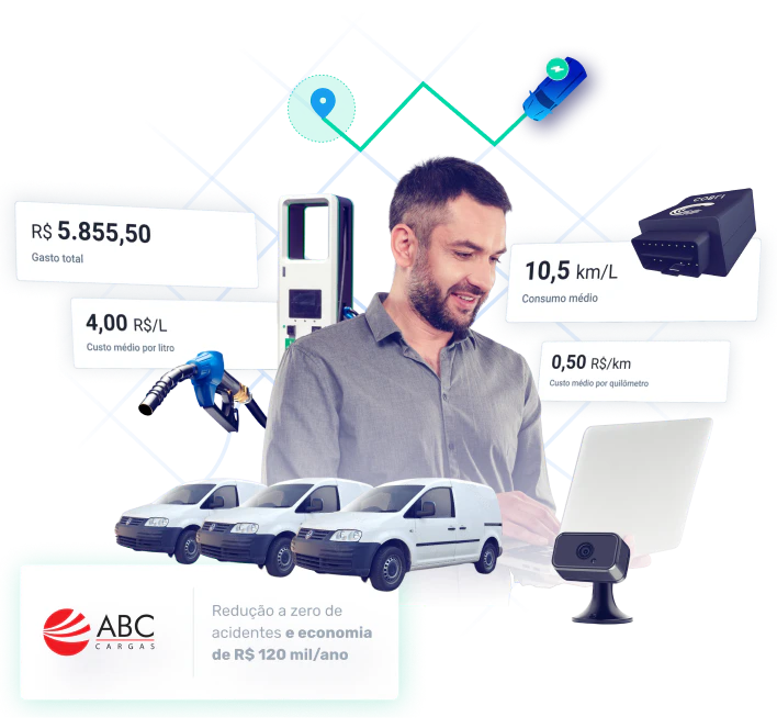Gestor analisando indicadores de controle de combustível na frota, como gasto total, consumo médio, custo por quilômetro e preço por litro, com destaque para economia e redução de desperdícios