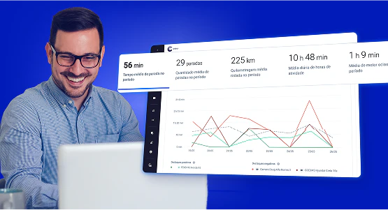 Gestor analisando relatórios completos de desempenho da frota com métricas de jornada, quilometragem, tempo de direção e gráficos de produtividade