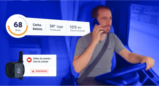 Motorista usando celular ao volante flagrado por câmera de fadiga, com pontuação de desempenho, ranking geral e alerta de evento gravíssimo registrado