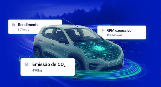 Veículo com monitoramento avançado de telemetria mostrando rendimento em km/l, emissão de CO₂ e tempo em RPM excessivo para otimização de consumo e redução de impacto ambiental