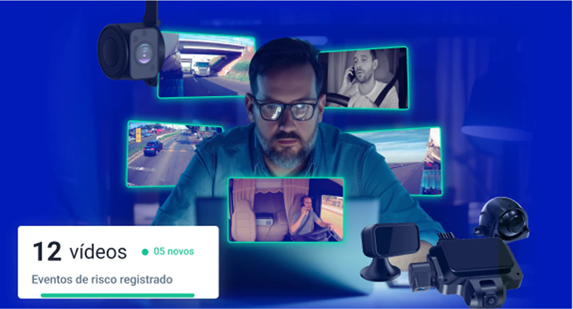 Gestor monitora vídeos de eventos de risco captados por câmeras veiculares, com registro de 12 ocorrências, incluindo uso de celular ao volante e direção perigosa