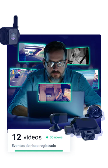 Gestor monitora vídeos de eventos de risco captados por câmeras veiculares, com registro de 12 ocorrências, incluindo uso de celular ao volante e direção perigosa