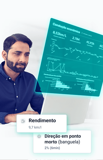 Gestor analisando painel de telemetria com indicadores de condução econômica, rendimento médio, tempo em ponto morto e gráficos detalhados de desempenho da frota