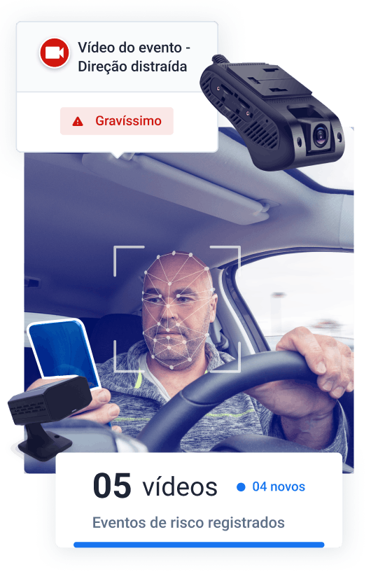Homem dirigindo enquanto segura o celular, com reconhecimento facial ativo e alerta de direção distraída classificada como gravíssima. Indicador mostra 5 vídeos de eventos de risco registrados por câmeras de fadiga.
