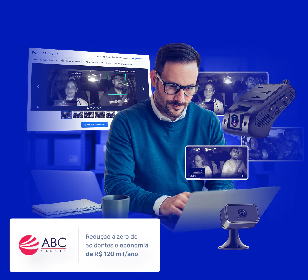 Gestor de frotas analisa imagens de cabine captadas por câmeras de fadiga, com reconhecimento facial e alertas de risco, destacando redução a zero de acidentes e economia de R$ 120 mil por ano