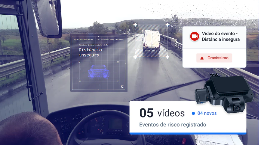 Câmera de fadiga registra evento de risco por distância insegura entre veículos com alerta de gravidade e vídeo para análise de sinistros em gestão de frotas