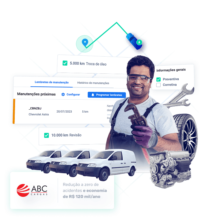 Ilustração de gestão da manutenção de frota com mecânico sorridente segurando ferramenta, lembretes de revisão e troca de óleo, vans brancas e destaque para economia anual e redução de acidentes com manutenção preventiva e corretiva.