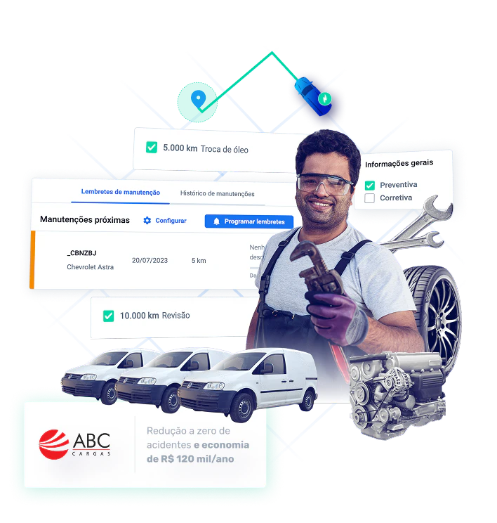 Ilustração de gestão da manutenção de frota com mecânico sorridente segurando ferramenta, lembretes de revisão e troca de óleo, vans brancas e destaque para economia anual e redução de acidentes com manutenção preventiva e corretiva.