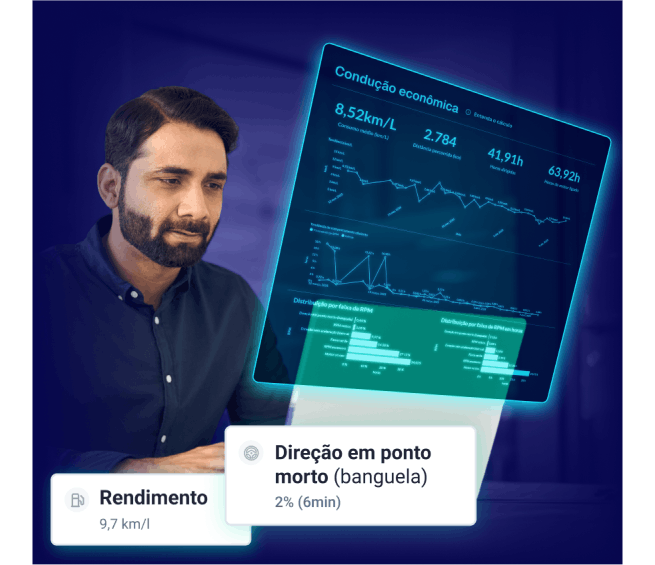 Homem analisando painel de telemetria avançada com dados de rendimento da frota, tempo de direção em ponto morto, consumo médio e gráficos de condução econômica para otimizar a eficiência veicular.