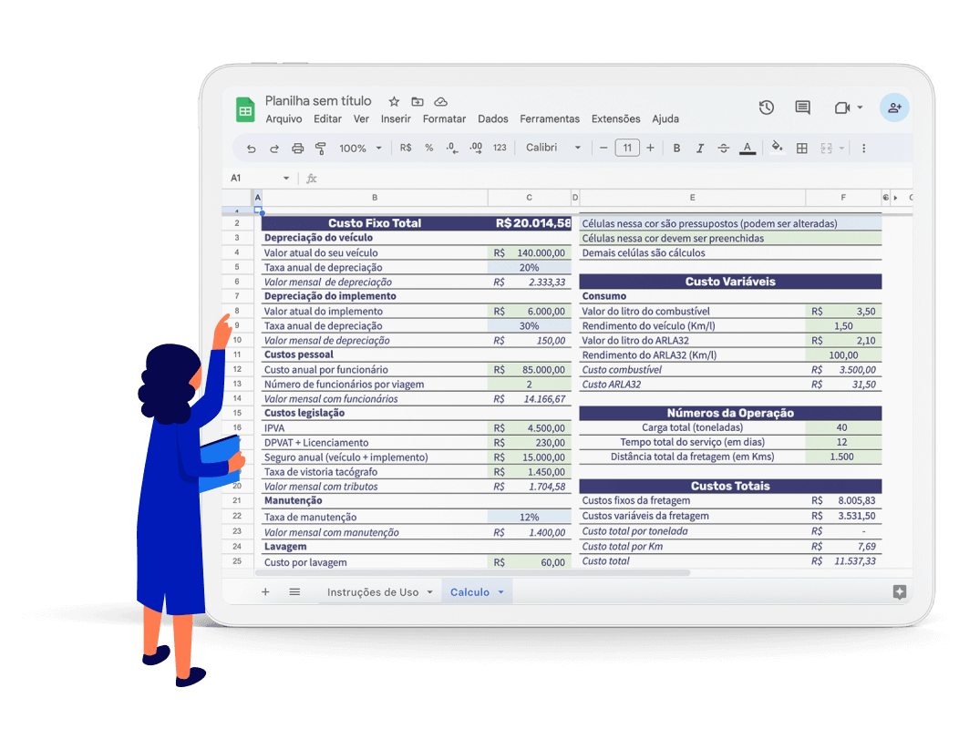 Exemplo de tablet mostrando a planilha de cálculo de frete da Cobli.