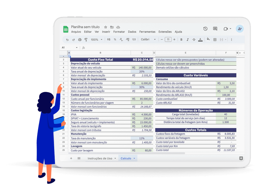 Exemplo de tablet mostrando a planilha de cálculo de frete da Cobli.