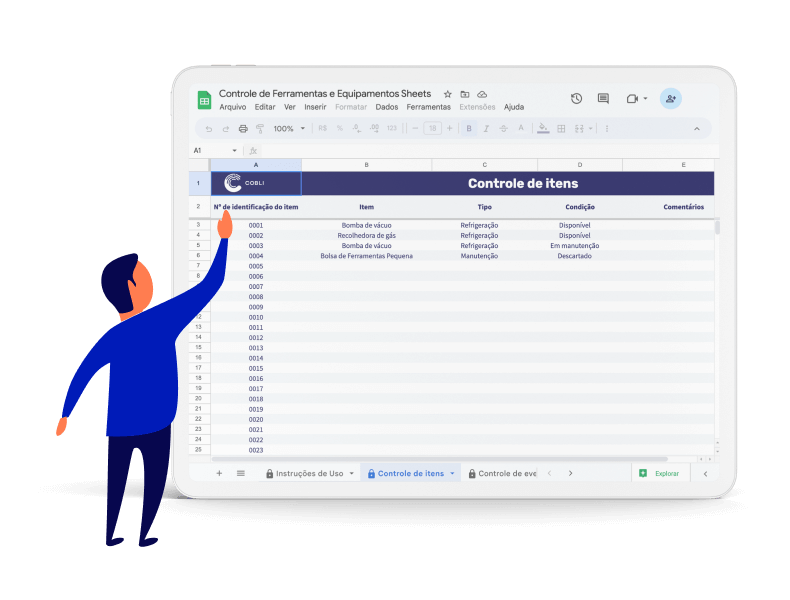 Tablet demonstrando a planilha de controle de ferramentas e equipamentos da Cobli.