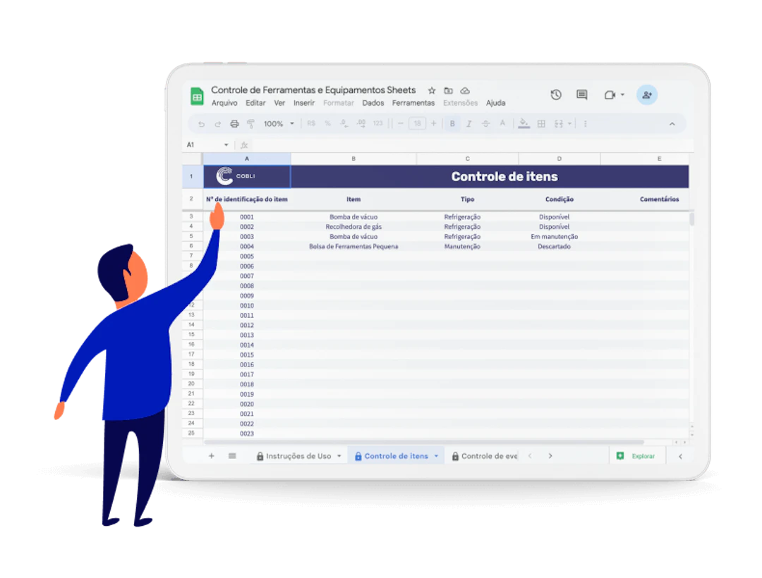 Tablet demonstrando a planilha de controle de ferramentas e equipamentos da Cobli.