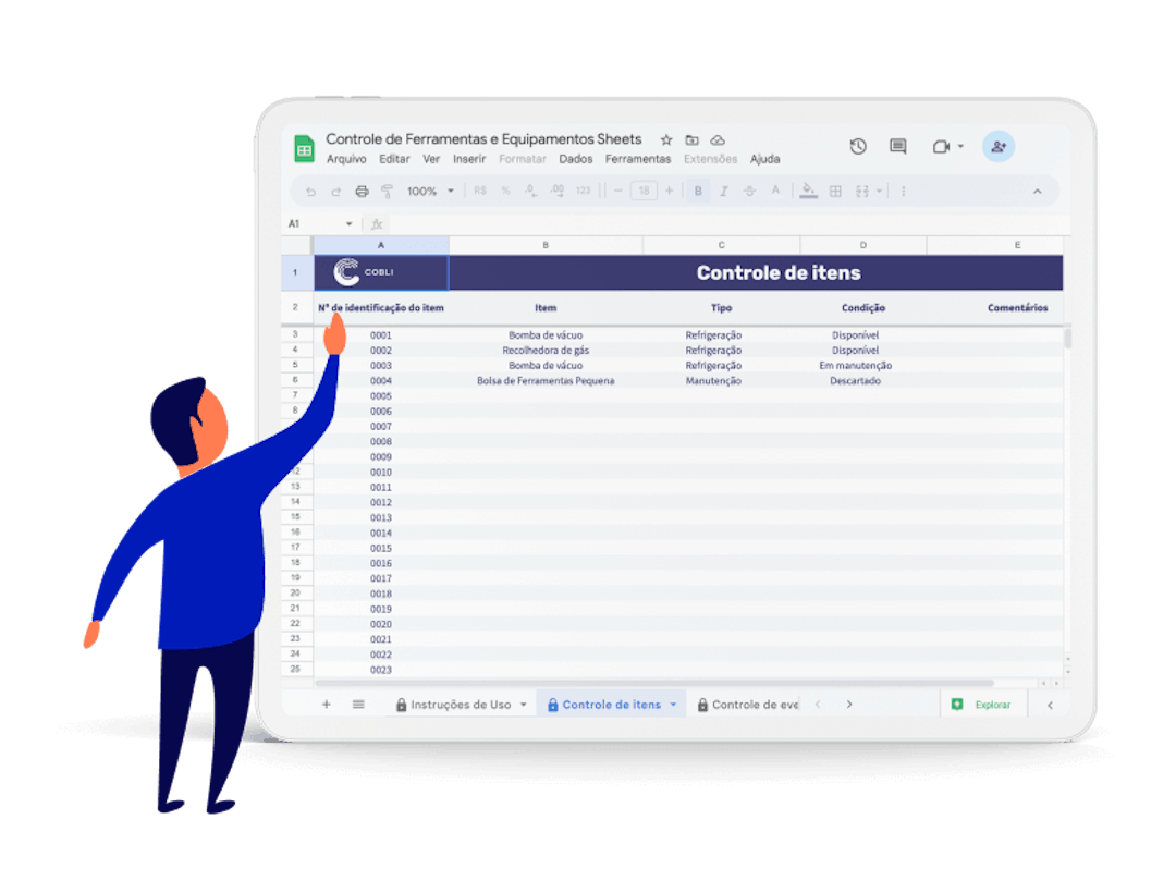 Tablet demonstrando a planilha de controle de ferramentas e equipamentos da Cobli.