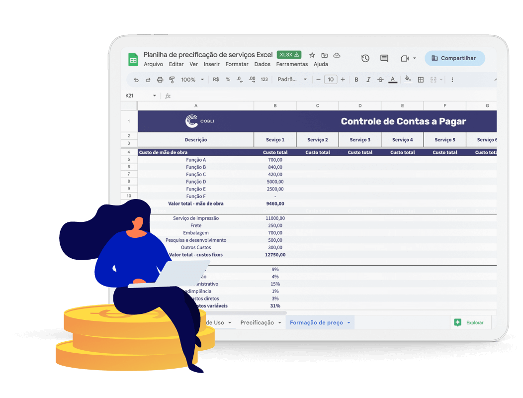 Exemplo de um tablet mostrando a planilha de precificação de serviços da Cobli.