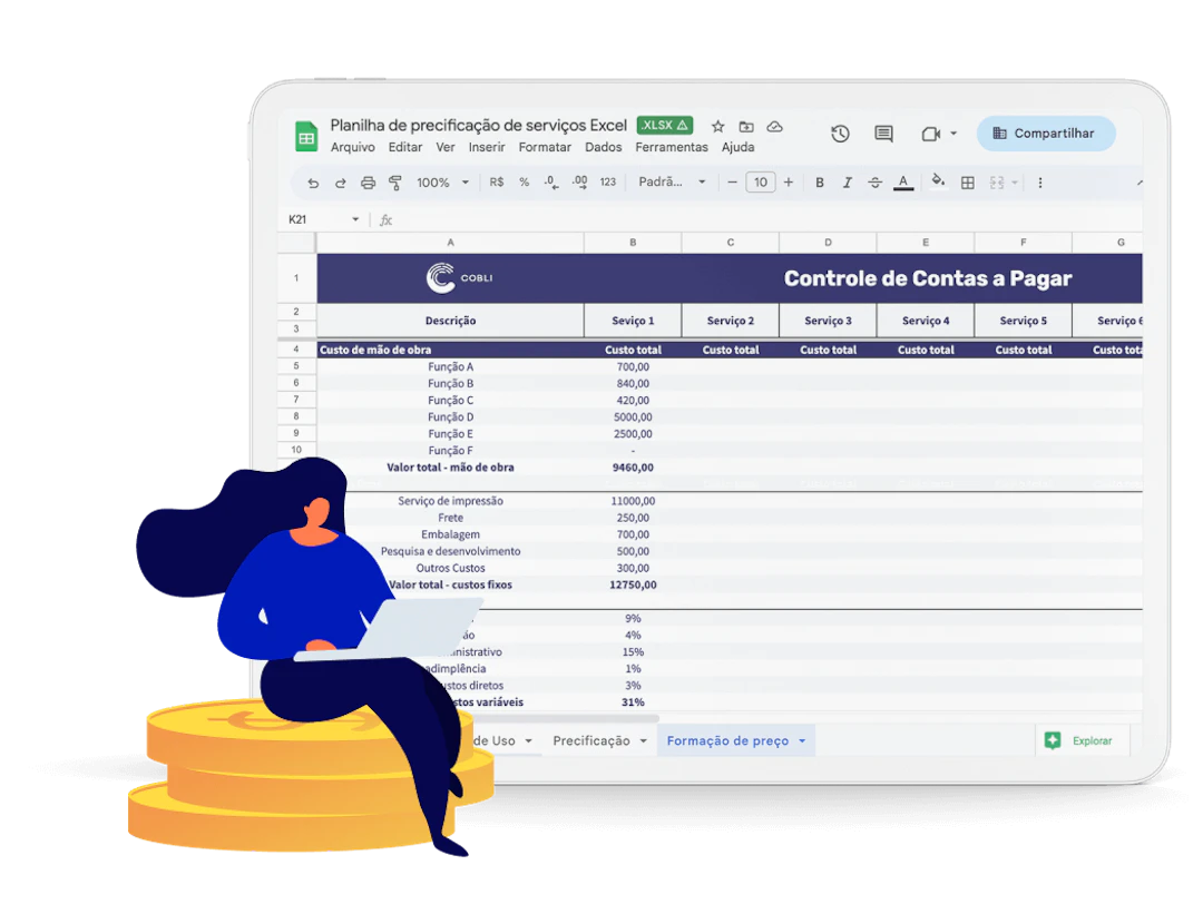 Exemplo de um tablet mostrando a planilha de precificação de serviços da Cobli.