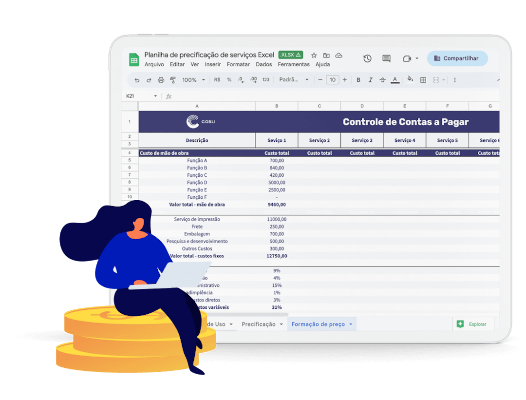 Exemplo de um tablet mostrando a planilha de precificação de serviços da Cobli.