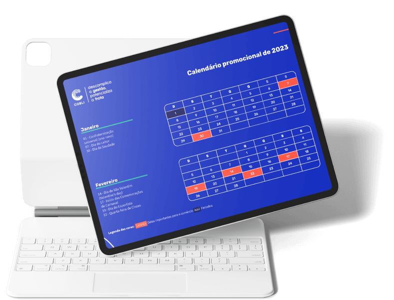 Exemplo de um tablet mostrando o calendário promocional da Cobli.