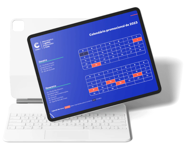 Exemplo de um tablet mostrando o calendário promocional da Cobli.