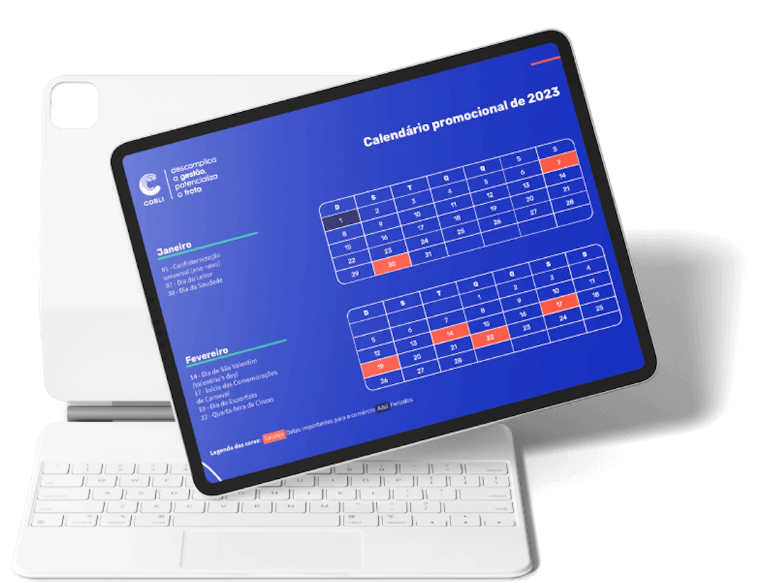 Exemplo de um tablet mostrando o calendário promocional da Cobli.