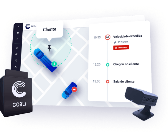 Dispositivo de videotelemetria da Cobli ao lado de uma foto do sistema