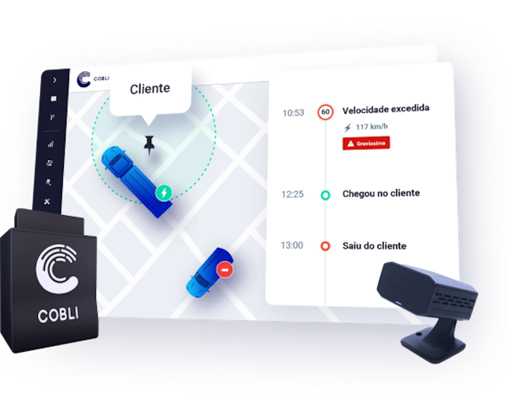 Dispositivo de videotelemetria da Cobli ao lado de uma foto do sistema