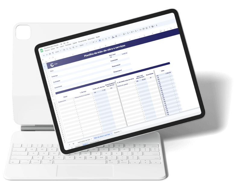 Tablet mostrando a planilha de mão de obra e serviços da Cobli.