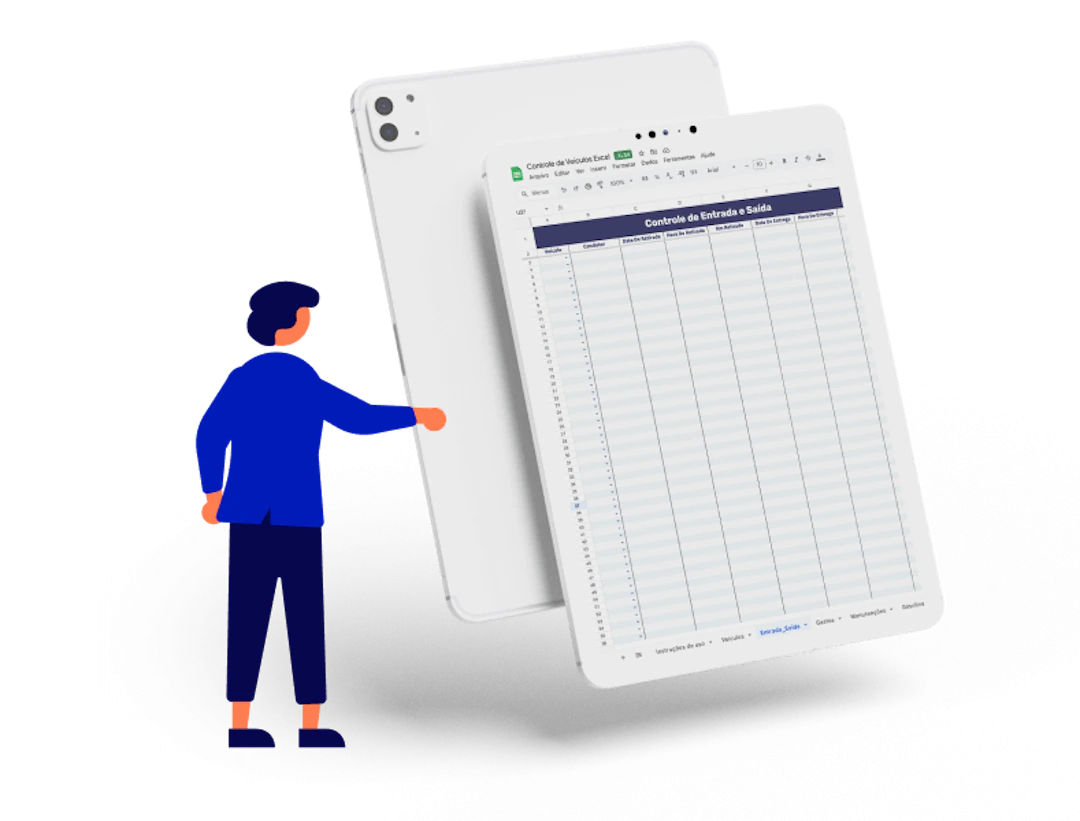 Tablet mostrando a planilha de entrada e saída de veículos da Cobli.