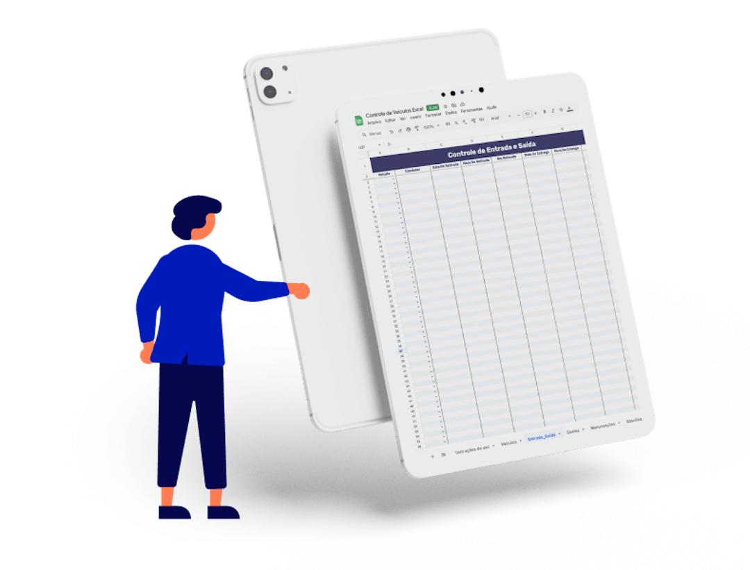 Tablet mostrando a planilha de entrada e saída de veículos da Cobli.