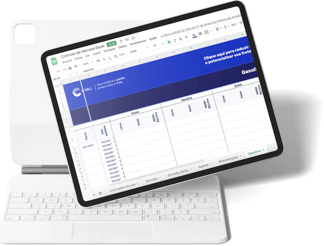 Tablet mostrando a planilha de consumo de combustível da Cobli.