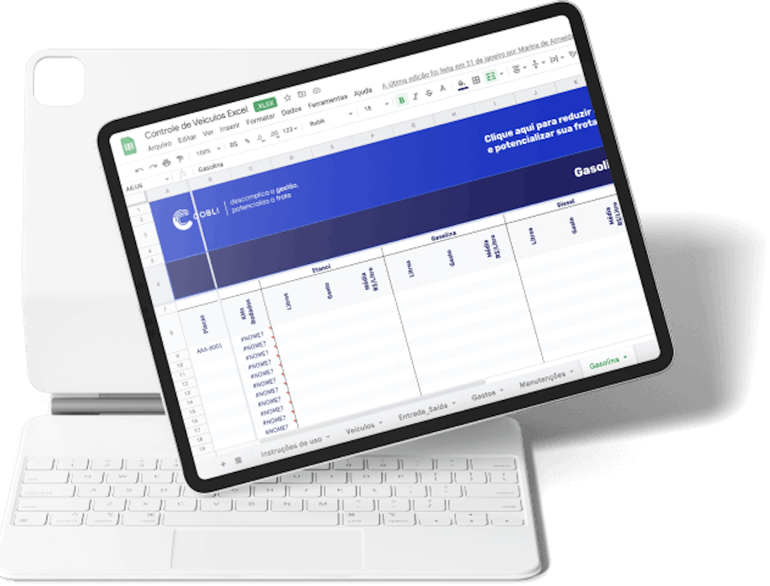 Tablet mostrando a planilha de consumo de combustível da Cobli.