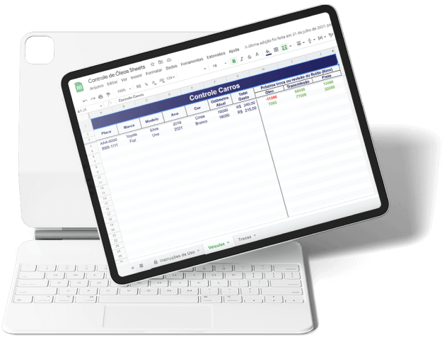 Tablet demonstrando a planilha de controle de óleo lubrificante da Cobli.