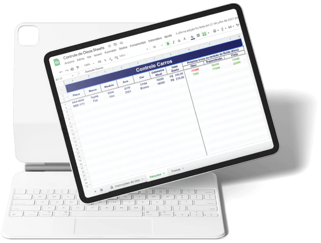 Tablet demonstrando a planilha de controle de óleo lubrificante da Cobli.