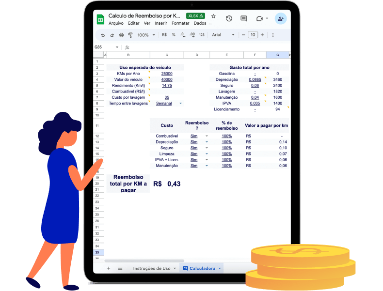 Exemplo de um tablet mostrando a planilha de cálculo de reembolso da Cobli.
