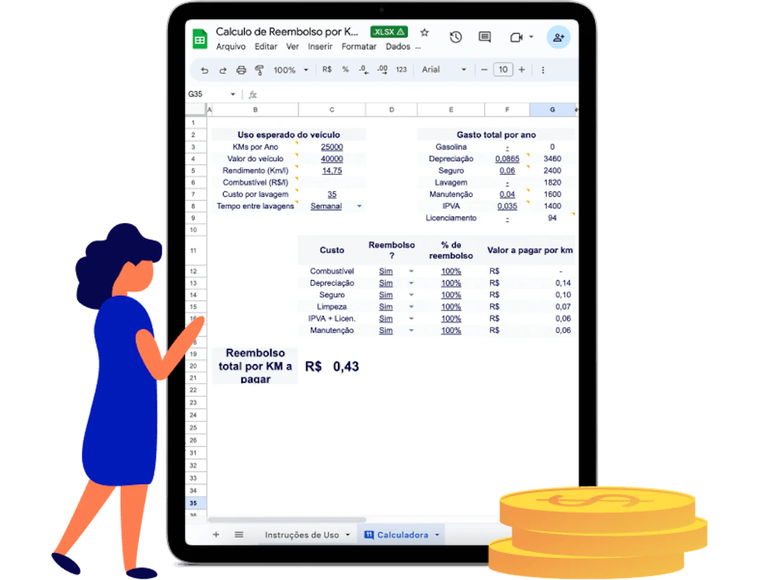 Exemplo de um tablet mostrando a planilha de cálculo de reembolso da Cobli.