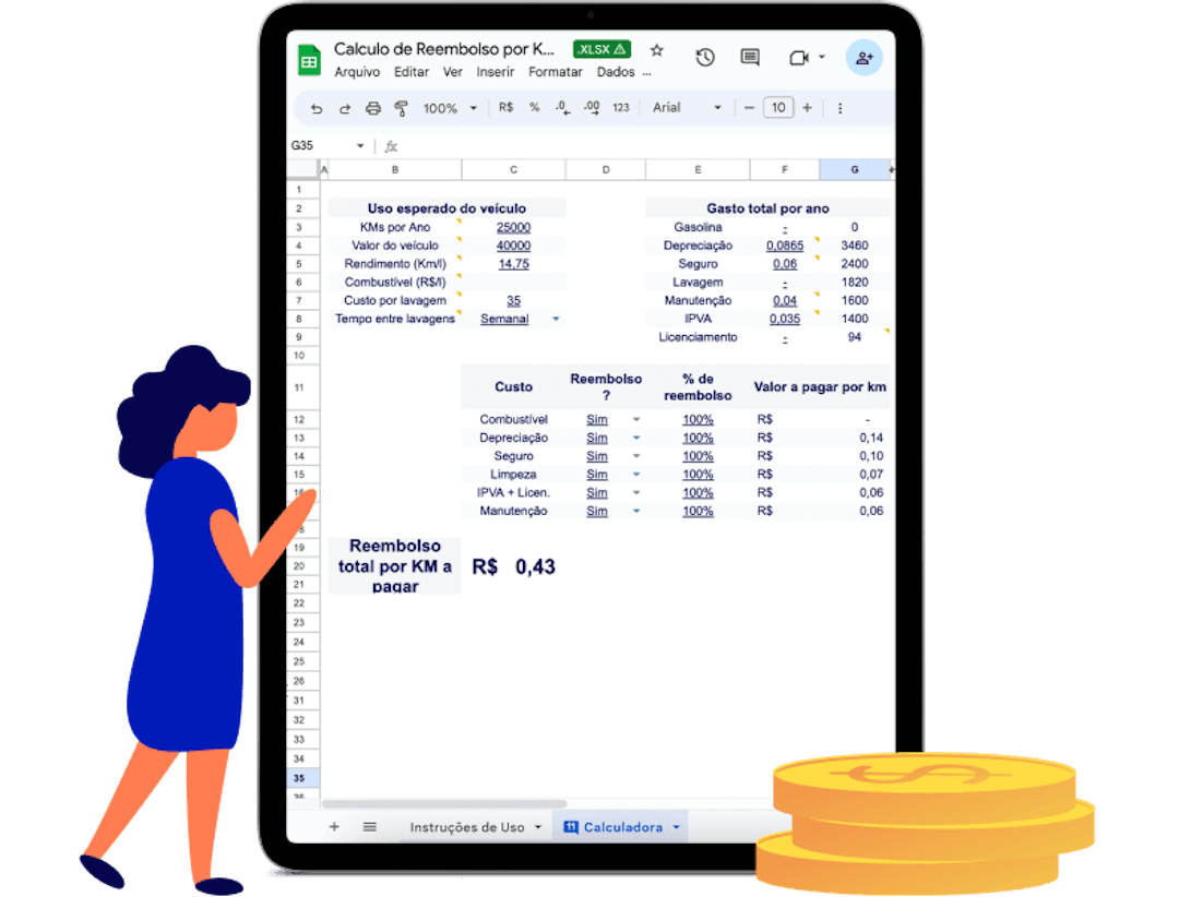 Exemplo de um tablet mostrando a planilha de cálculo de reembolso da Cobli.
