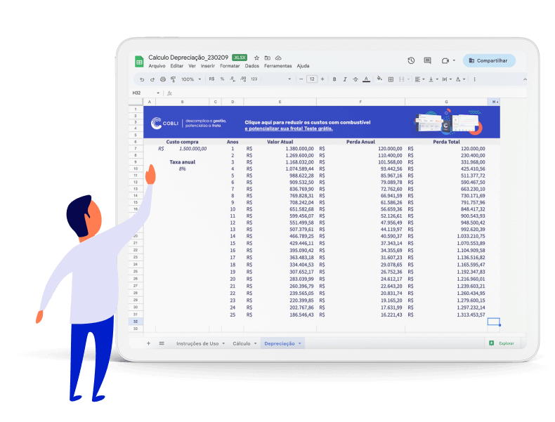 Exemplo de tablet mostrando a planilha de cálculo de depreciação de veículos da Cobli.