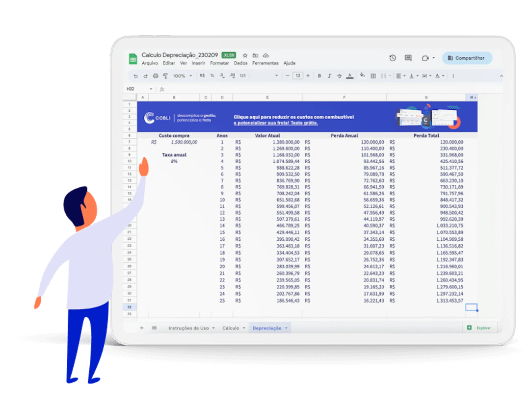 Exemplo de tablet mostrando a planilha de cálculo de depreciação de veículos da Cobli.