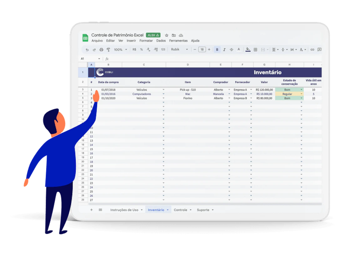 Tablet mostrando a planilha de controle de patrimônio da Cobli