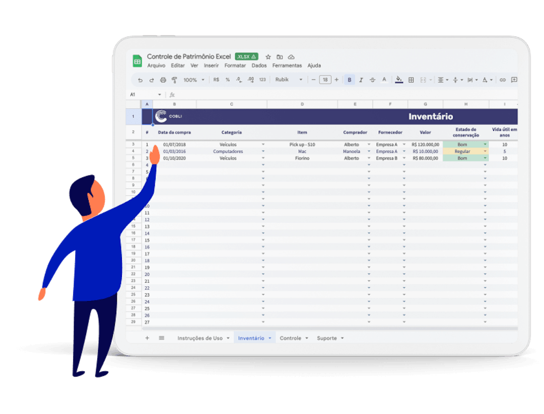 Tablet mostrando a planilha de controle de patrimônio da Cobli